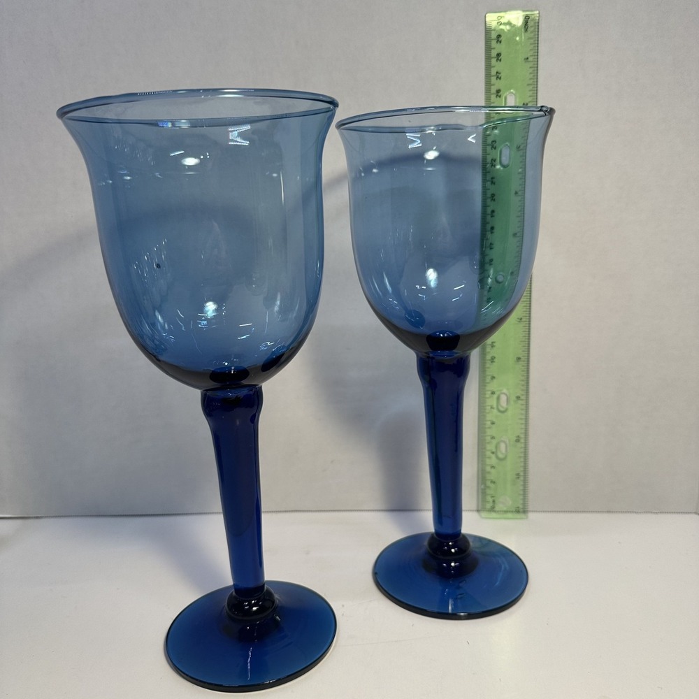 VTG Cobalt Blue Glass Goblets Set of 2 Stemmed Wine Water Glasses 7.75 Tall